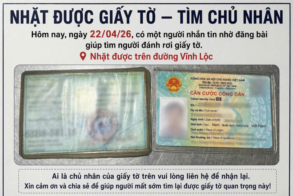 TÌM CHỦ NHÂN GIẤY TỜ BỊ RƠI TẠI VĨNH LỘC – NGÀY 22/04/2026 hao1